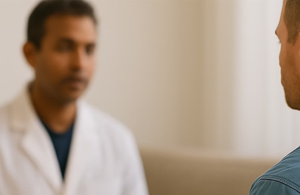 Physician speaking privately with another clinician, representing confidential peer support